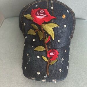 Private Label Denim Cap with Red Rose Embroidery